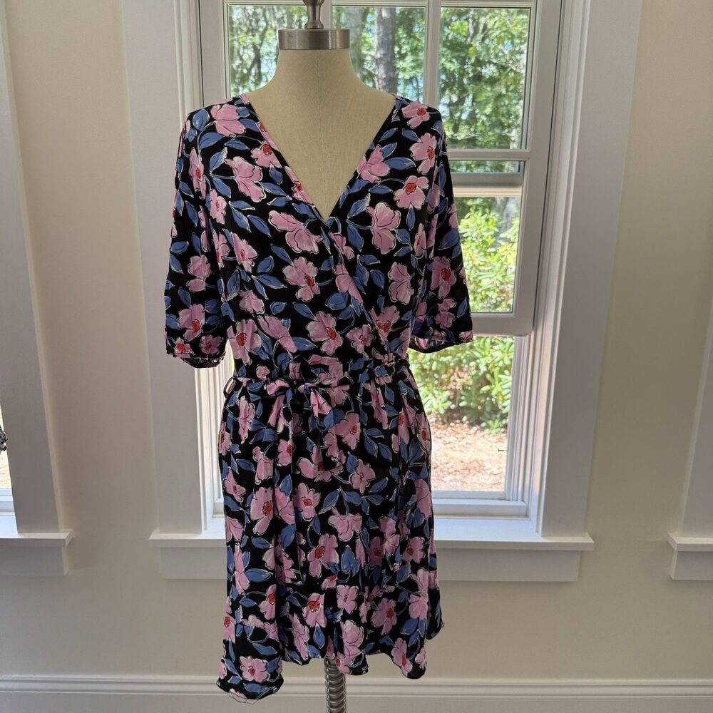 George Womens Dress Black Size UK 14 US 8 Faux Wrap Ruffle Belt Floral Fairy NWT